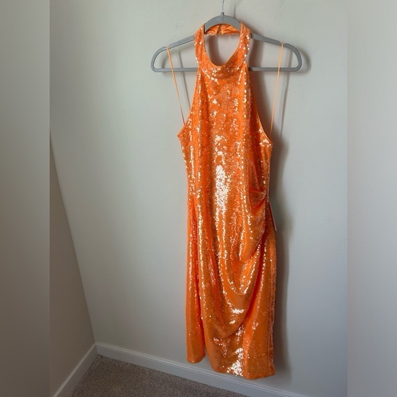 NWT Caroline Constas Orange Sequin Halter Midi Dress - Picture 6 of 9
